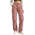 thumbnail image 2 of Sunnin Women Solid Color Button Elastic Waist Cargo Pants Casual Loose Hiking Lounge Pants with Pockets, 2 of 8