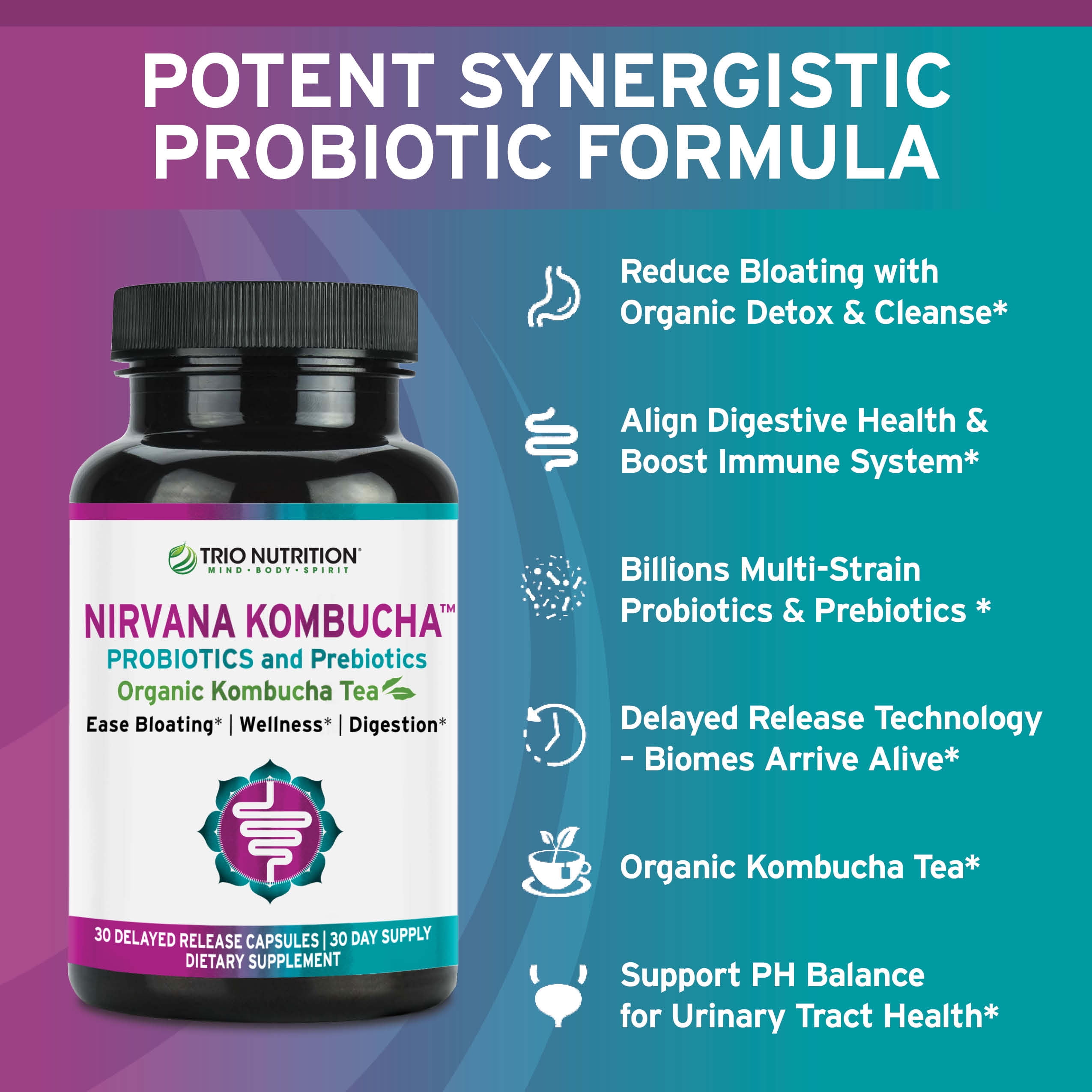 Trio Nutrition Nirvana Kombucha | Billions of Multi-Strain Probiotics, Prebiotic & Organic Kombucha Tea | Eases Bloating, Digestive & Immune Support for Men & Women | Supports PH Balance*