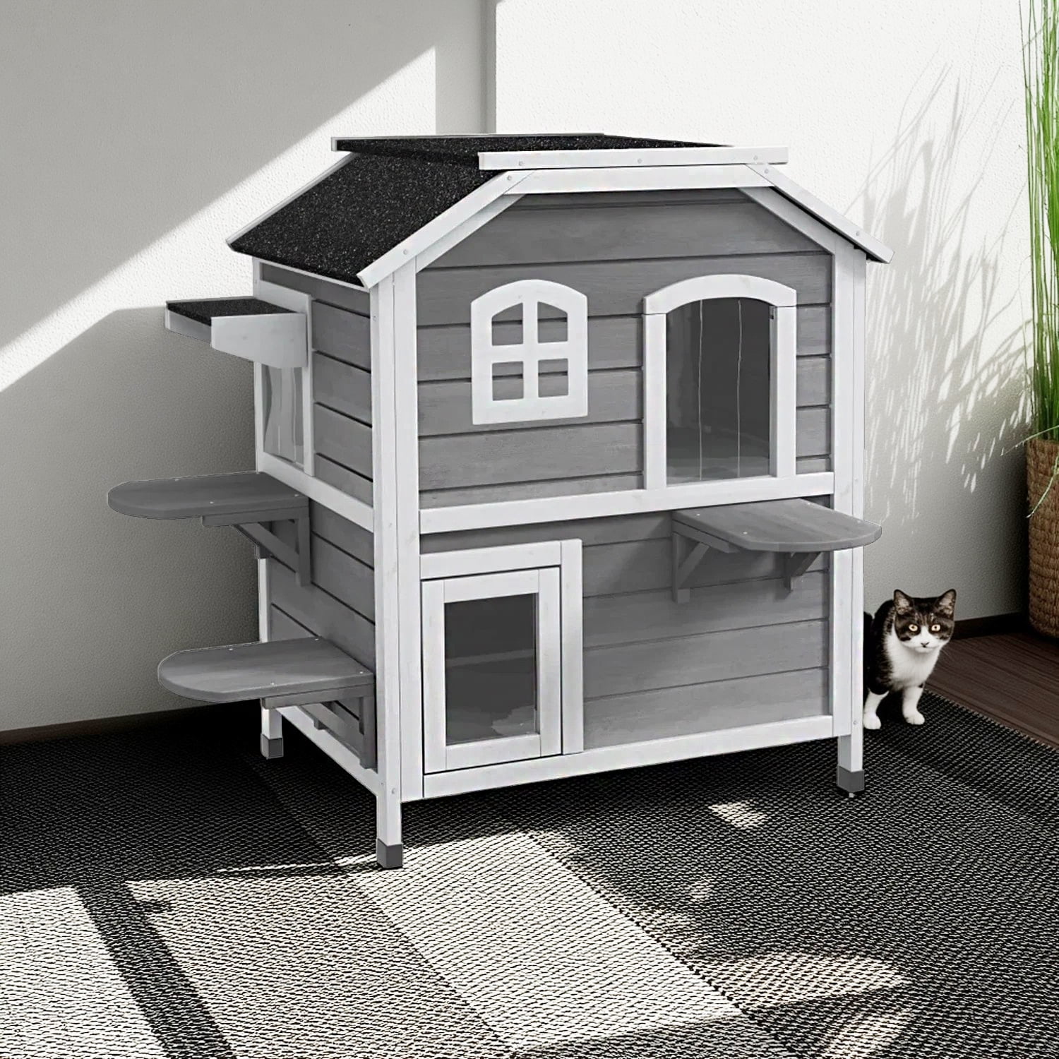 Pefilos 35" Wooden Cat House 2-Story Indoor Outdoor Luxurious Cat Shelter with Jumping Platforms, Openable Weatherproof Roof, Escape Door, Gray