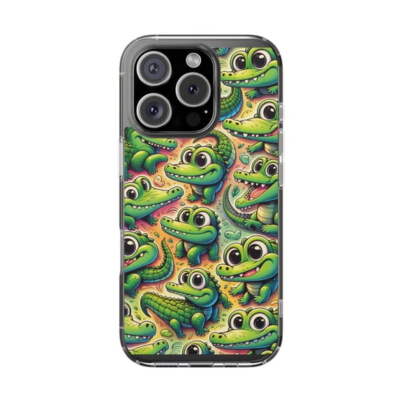 DistinctInk Clear Hybrid Case for Apple iPhone 16 Pro (6.3" Screen) - Playful Alligator Adventure Pattern - Lightweight Grip