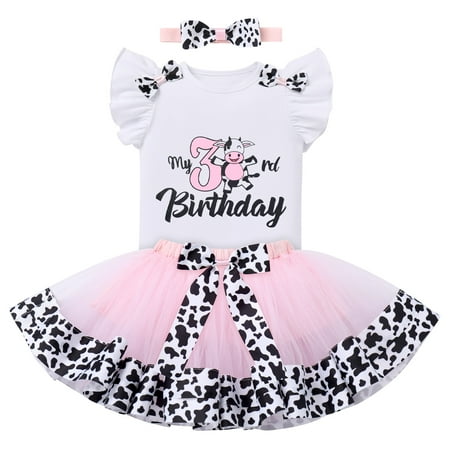 

FYMNSI Toddler Kids Girl Milk Cow Theme My 3rd Third Birthday Cake Smash Outfit Farm Animal Three Years Old Party Clothes Short Sleeve Top Tutu Skirt Bowknot Headband Set