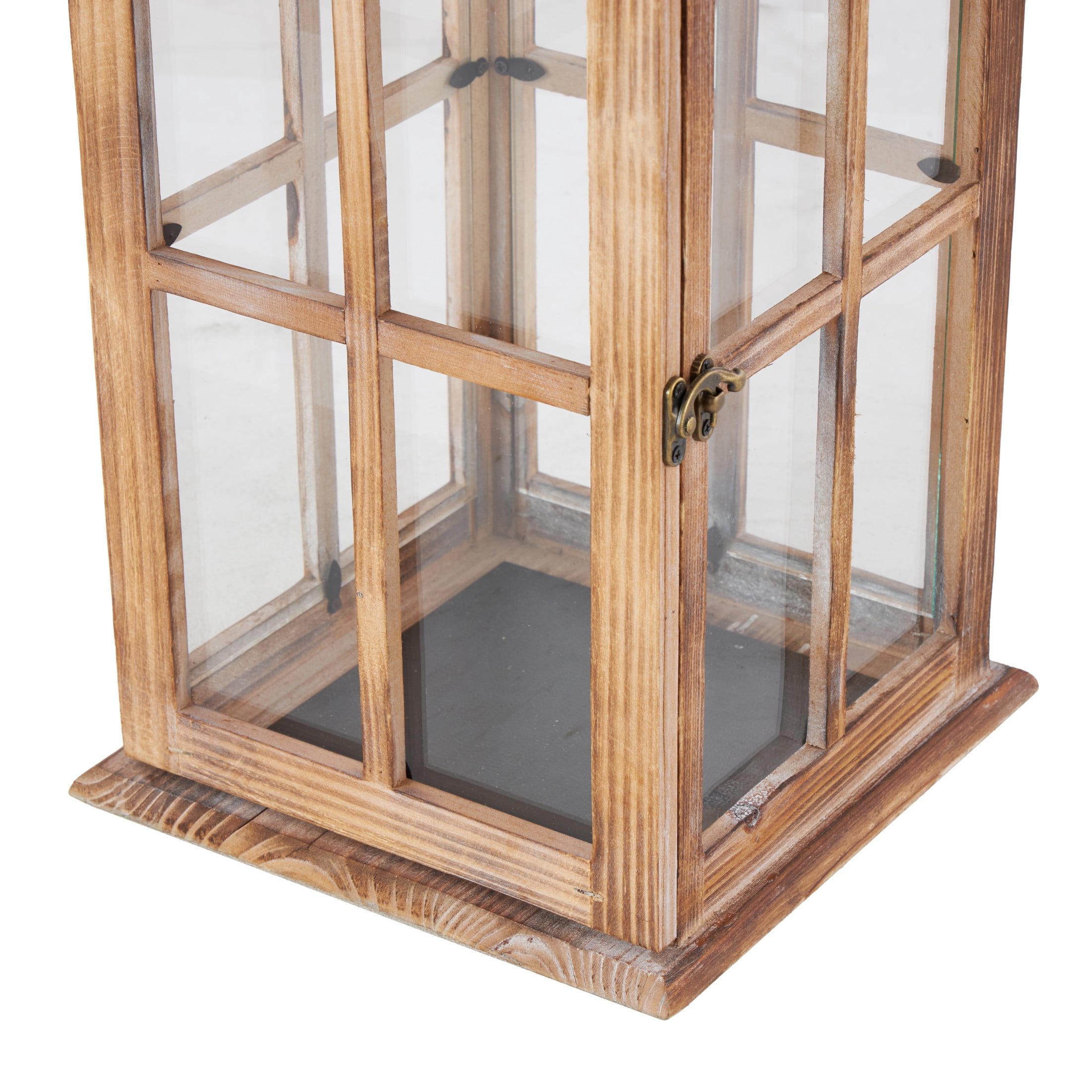DecMode Brown Wood Light House Decorative Candle Lantern with Black Ring Handle