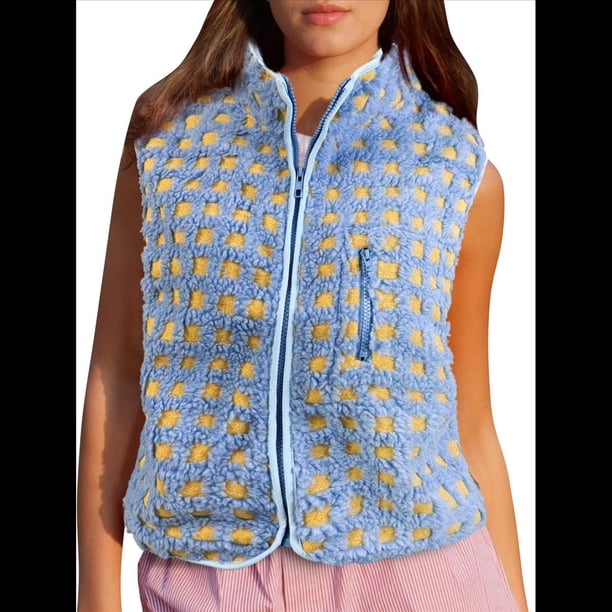 Chaleco de Cuadros para Mujer, Sin Mangas, de Forro , de Invierno, con Cuello Alto, Cremallera y Bolsillo en el Pecho. Azul L