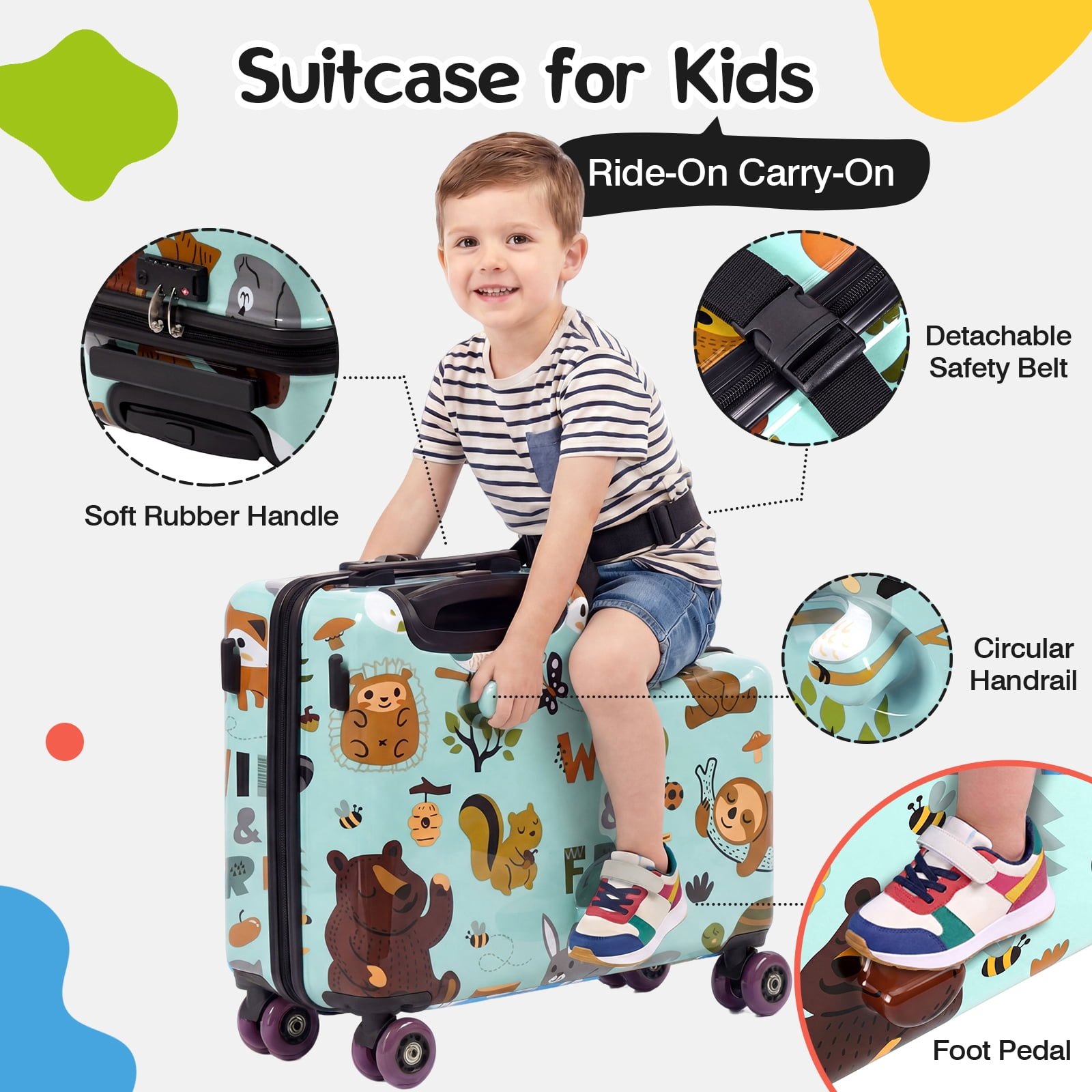 Advwin Kids Ride-On Luggage with Safety Belt, TSA Lock & Footrest, Hardside Spinner Travel Suitcase for Children, Green Wildlife Theme