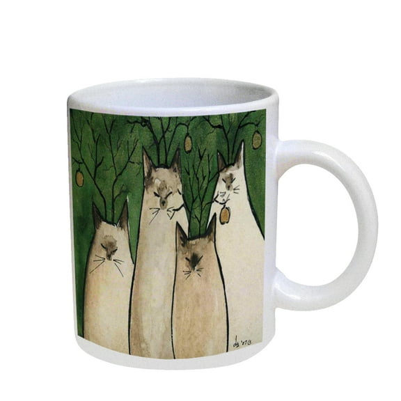 KuzmarK Coffee Cup Mug Pearl Iridescent White - Serene Siamese Reindeer Kitties Christmas Cat Art by Denise Every