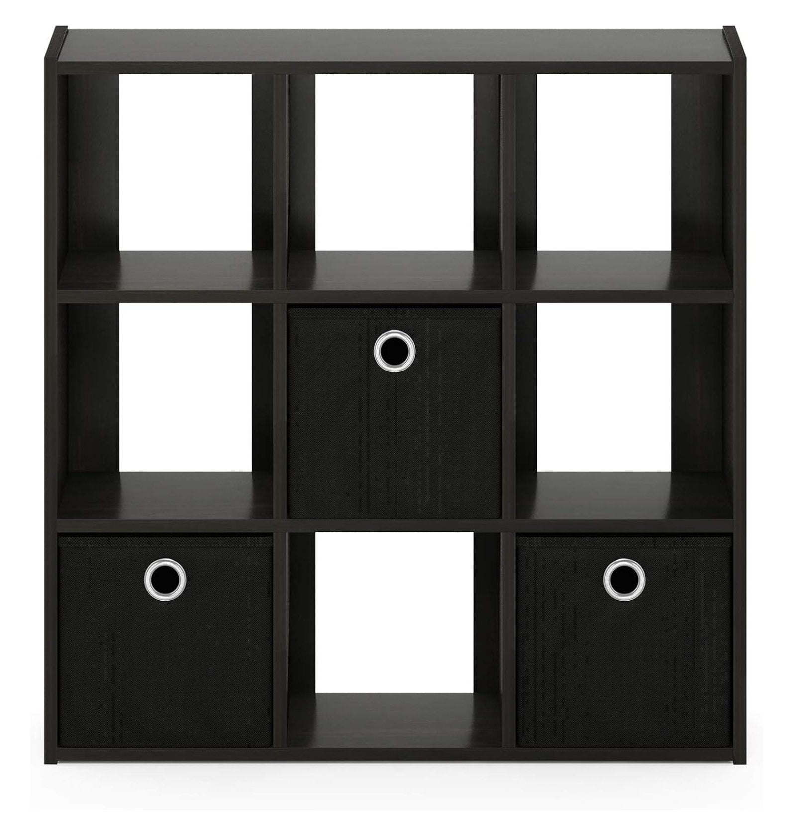 SONGMY Simplistic 9-Cube Organizer with Bins, Small Size (Assembled unit dimensions : 7.9"D x 26.5"W x 26.7"H inches), Espresso/Black