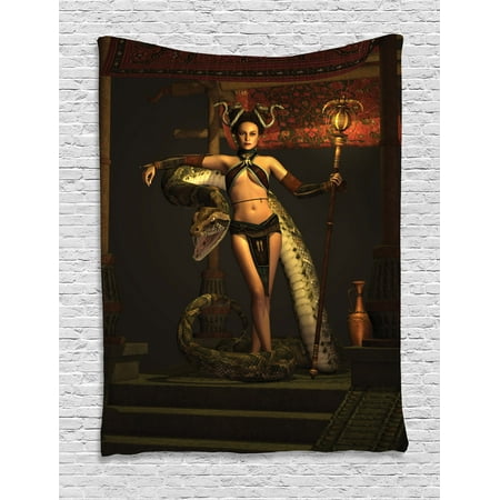 Fantasy Tapestry, Beauty with Scepter on Stairs Leaning on Pyton Baldachin and Warp and Weft Carpet, Wall Hanging for Bedroom Living Room Dorm Decor, 40W X 60L Inches, Multicolor, by