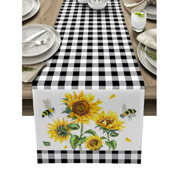Table Runner Dresser Scarves 90 Inch Long, Rustic Farm Sunflowers Linen Dining Table Runners Black White Buffalo Checker Tabletop Scarf for Wedding Holiday Party Kitchen
