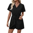 thumbnail image 2 of Sokhug Short Sleeve Romper for Women V Neck with Smocked Waist Drawstring Casual Denim Look Jumpsuit, 2 of 8