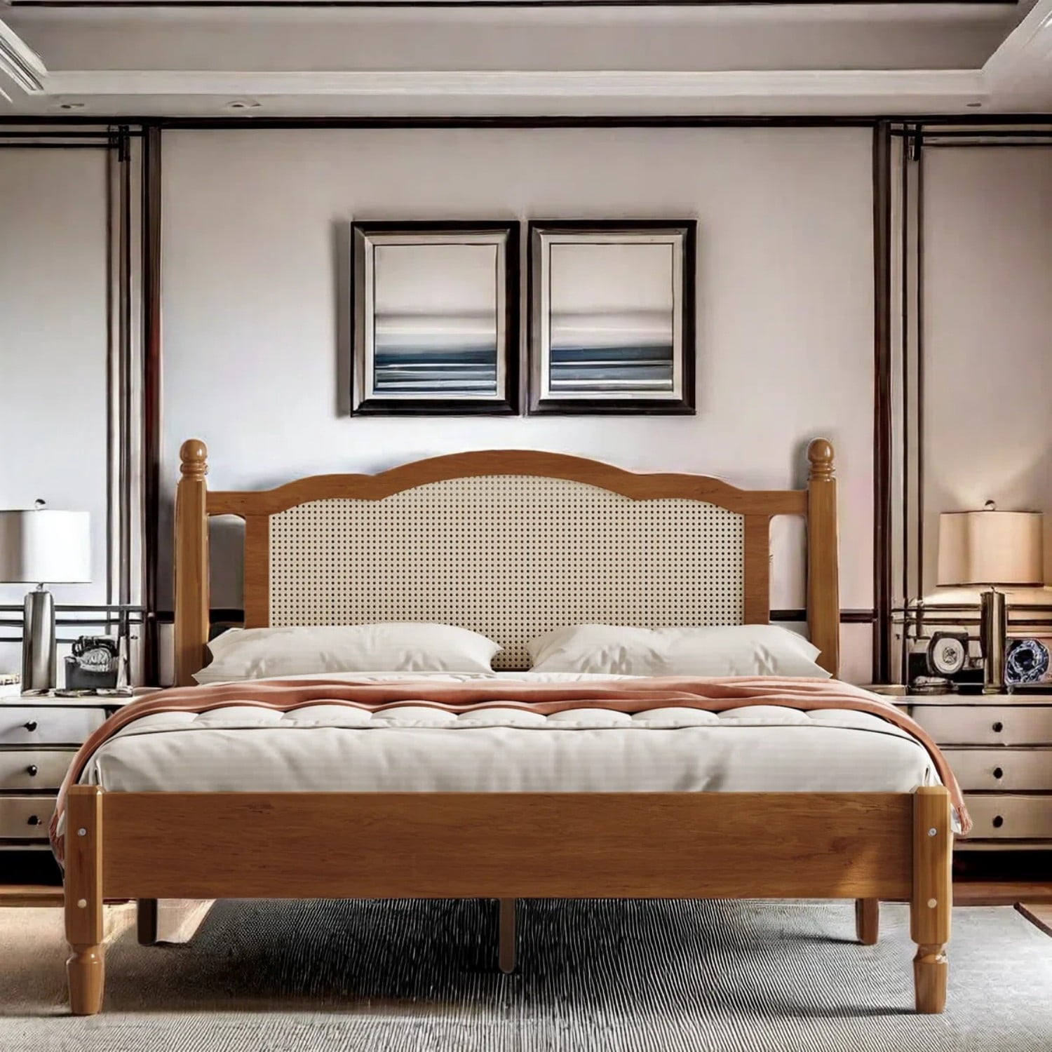 Aukfa Solid Wood Queen Size Bed Frame with Natural Rattan Headboard, Walnut