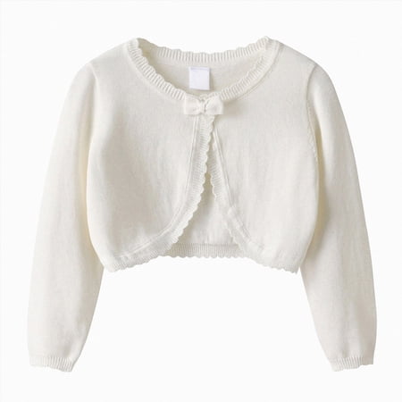 CAUYDY Little Girls Knit Long Sleeve Bowknot Closure Bolero Cardigan Cover Up Tops for Toddler Fall Winter(L101-White 7-8 Y)