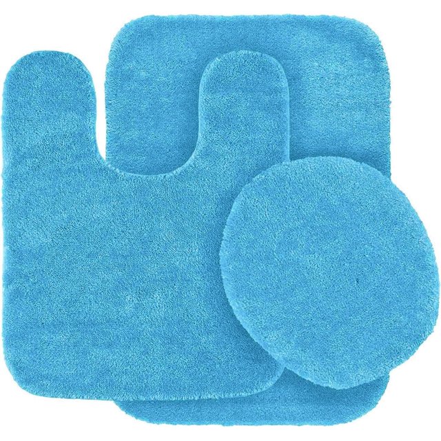 Colección de baño de 3 piezas. Incluye: 1 tapete de contorno, 1 tapa para inodoro y 1 tapete de baño antideslizante con respaldo de goma n.° 6, color sólido azul turquesa.