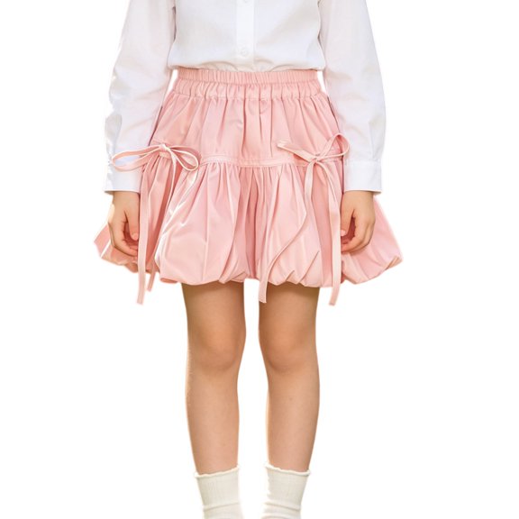 TIREOW Girls Summer Ruffled Bubble Skirt Puffy Cake Skirt Solid Color Elastic Waisted A Line Bow Decor Sweet Short Skirt