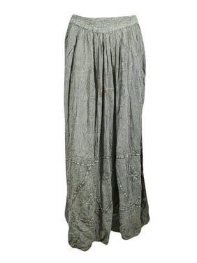 Mogul Gray Embroidered Skirt Stonewashed Rayon Summer Long Beach Festive Skirts S/M