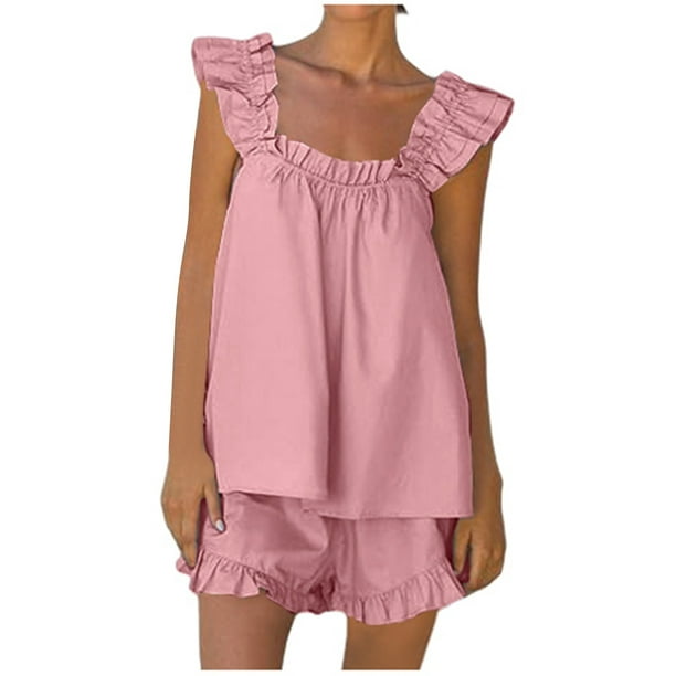 Conjunto de pijama de dos piezas para mujer: top corto sin mangas y pantalones cortos, poliéster, color liso, corte holgado, tallas S-XL, ropa de estar por casa para todas las estaciones