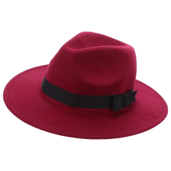 Raindrops Unisex Gentleman Hat Dark Red Felt Wide Brim Jazz Hat with Satin Bowknot