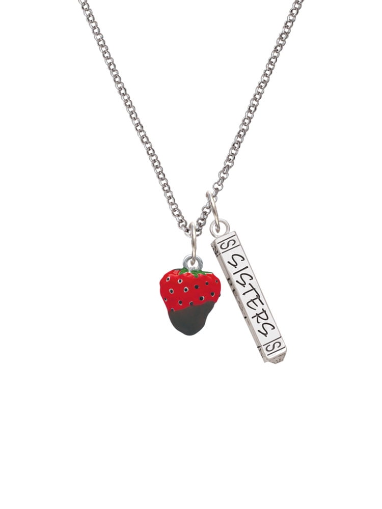 Delight Jewelry Silvertone 3-D Chocolate Dipped Strawberry Silvertone Sisters Best Friends Forever Bar Charm Necklace, 23"