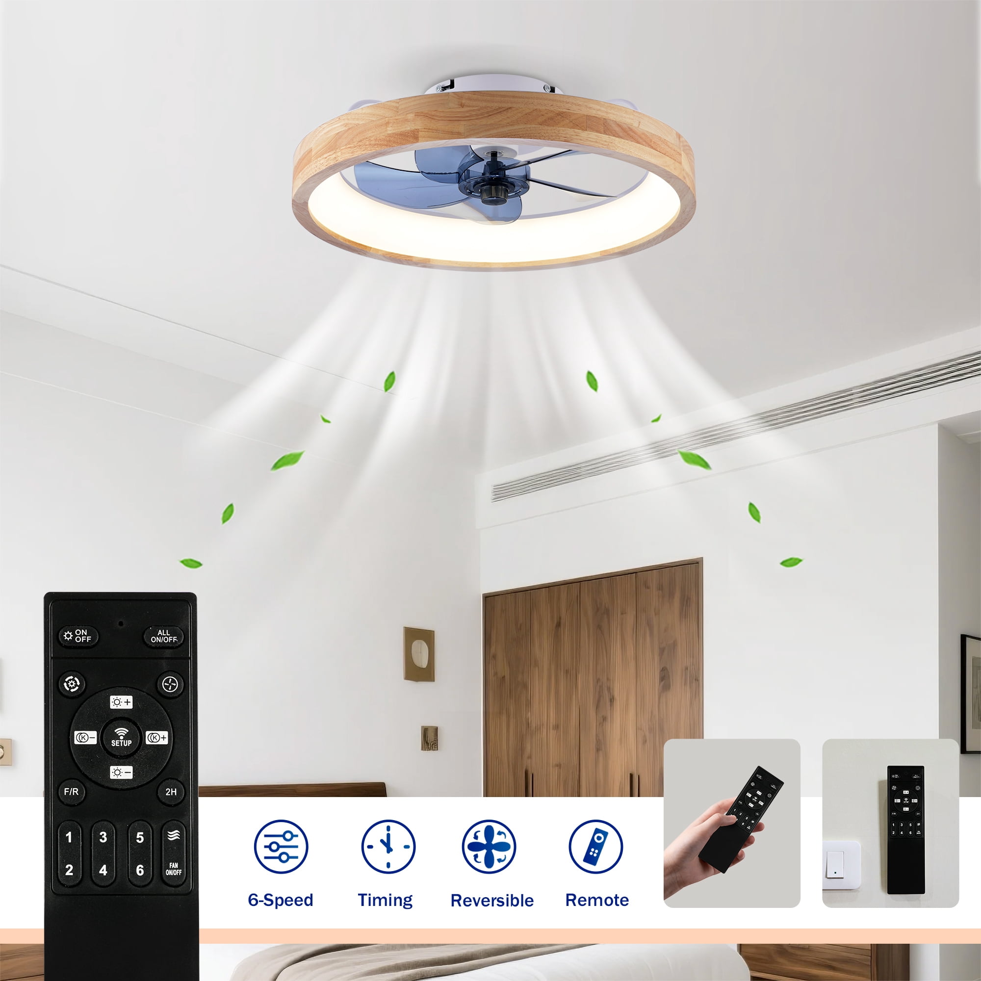 Leumius 20" Ceiling Fans with Light and Remote, 3000-6500K Dimmable Flush Mount LED Fan Light, 6 Speeds, Quiet DC Motor for Living Room Bedroom Kitchen White