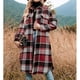 thumbnail image 2 of Camisas largas de franela a cuadros para mujer, chaqueta con botones de solapa de manga larga con abertura lateral para mujeres y niñas, rojo L, 2 of 8