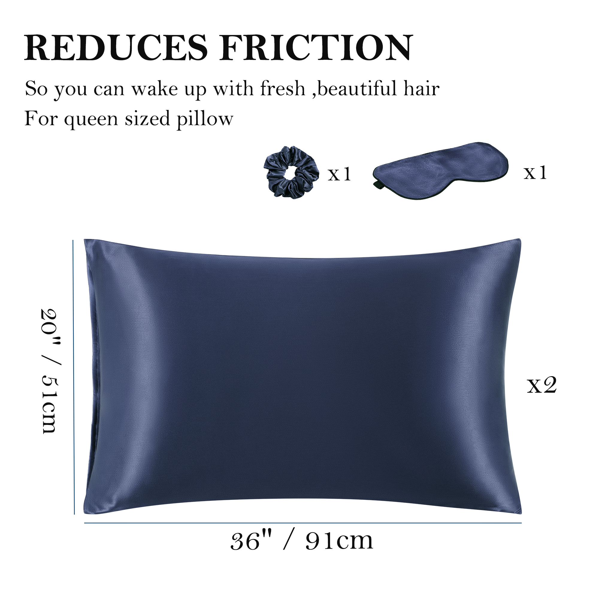 Unique Bargains Set of 2 Durable Soft Enveloped Closure Satin Pillowcase Navy Blue King(20"x36"）