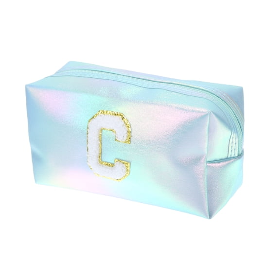 1 Pc Women Durable Letter C Cosmetic Bag for Vacation Outdoor Activities Blue PU Leather