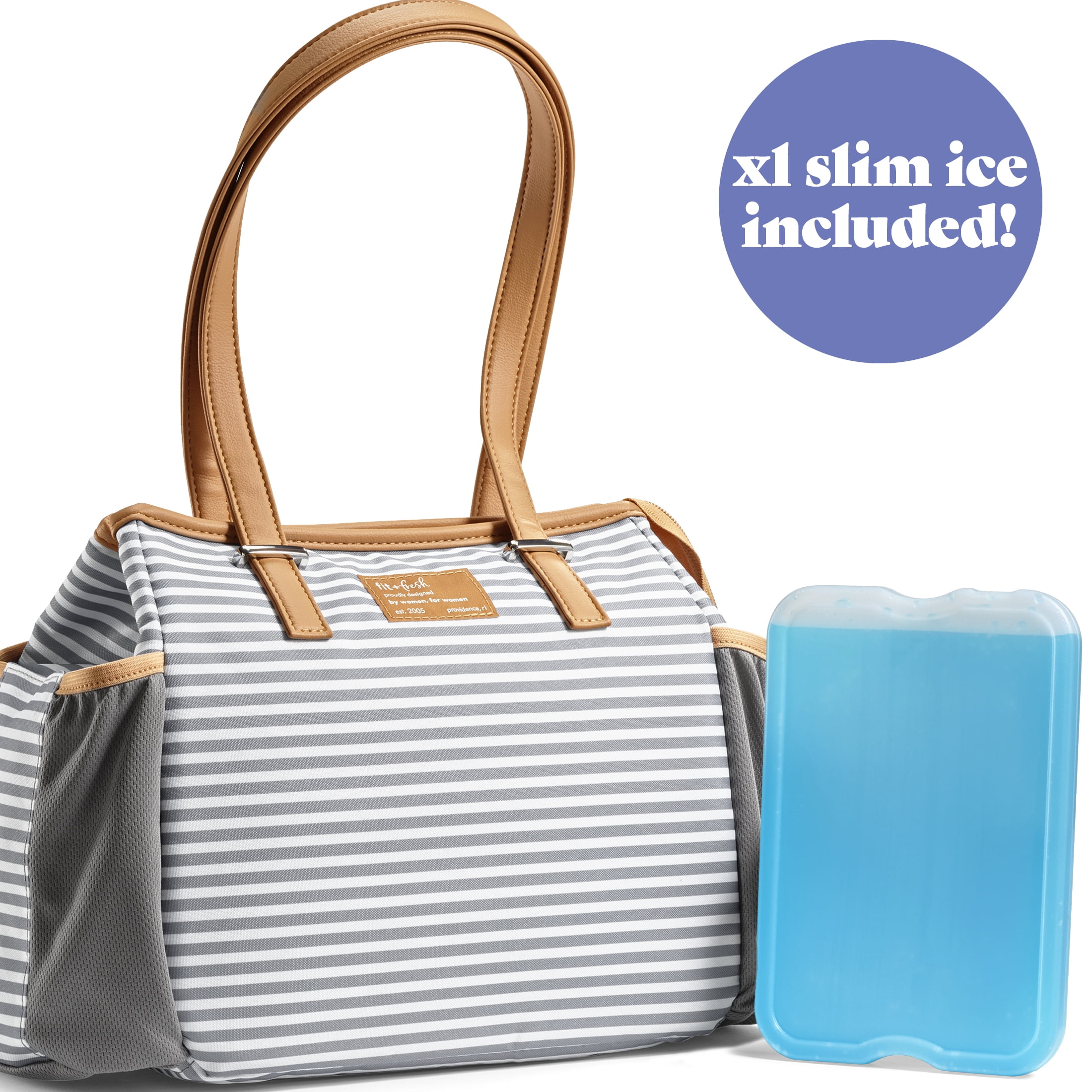 Fit & Fresh Copley Large Reusable Insulated Lunch Bag for Women with XL Slim Ice, in Thin Gray Stripe