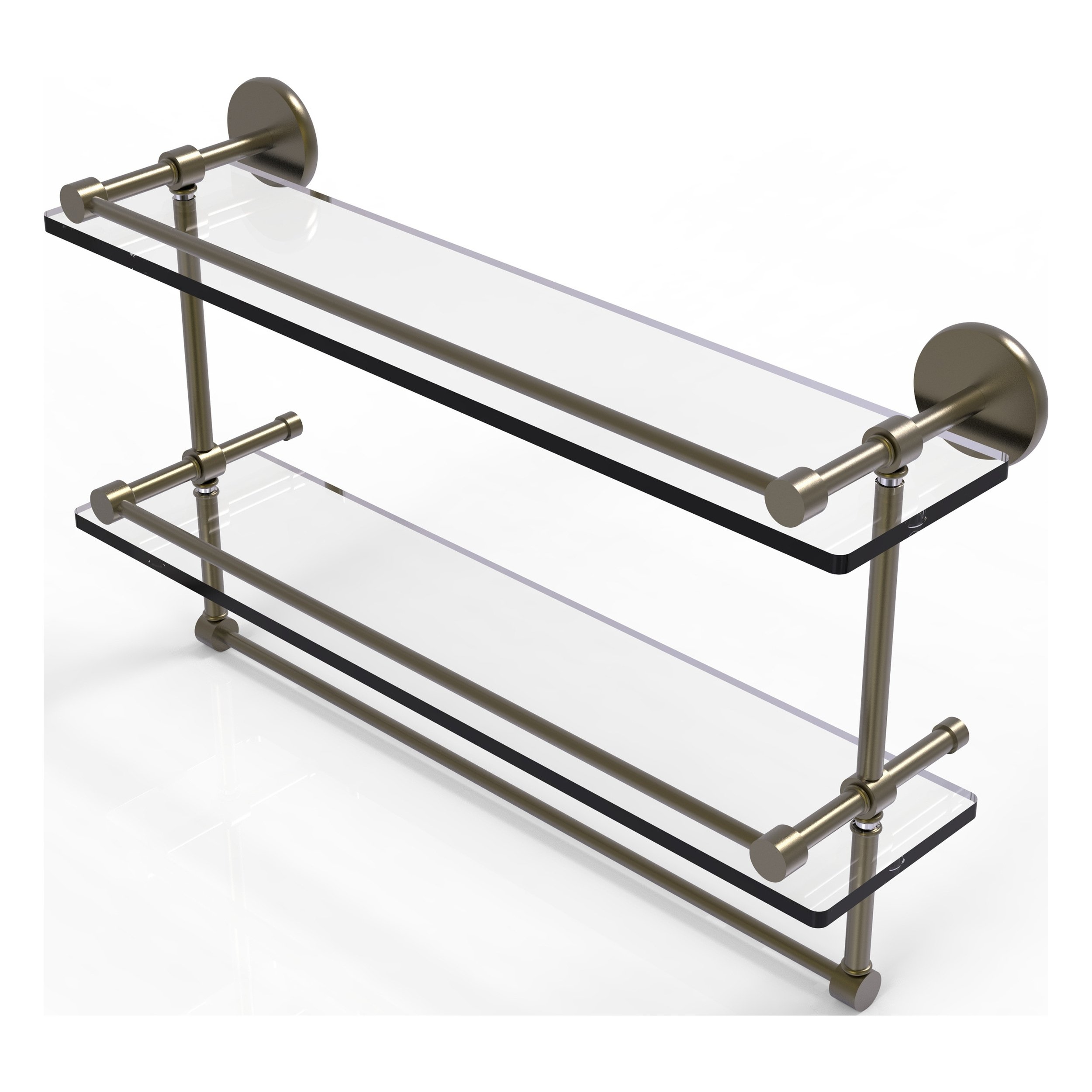 22in Gallery Double Glass Shelf with Towel Bar in Antique Brass