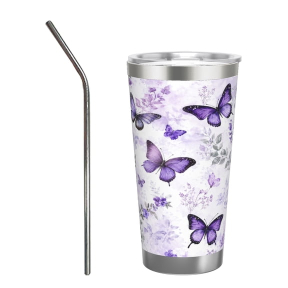 20oz Purple Butterfly Floral Tumbler with Handle and Straw Insulated Insulated Car Cup Gift for Women with Stainless Steel Straw