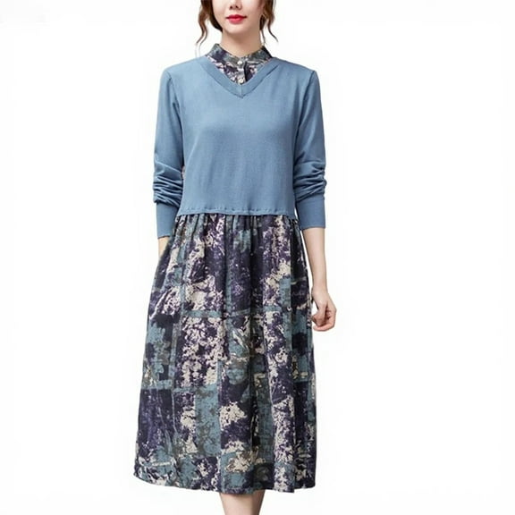 Dxzfnsa Women's Floral Maxi Dress 2025 Fall Long Sleeve Round Neck Casual A Line Long Flowy Boho Party Dresses(Blue,M-2XL)