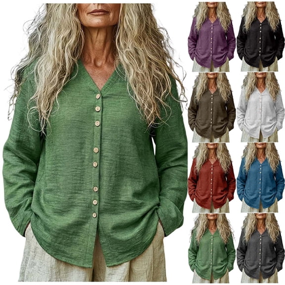 Feancey Linen Button Down Shirt Women Long Sleeve V Neck Gauze Blouses Oversized Casual Summer Beach Shirts Solid Color Boho Tops Purple XL