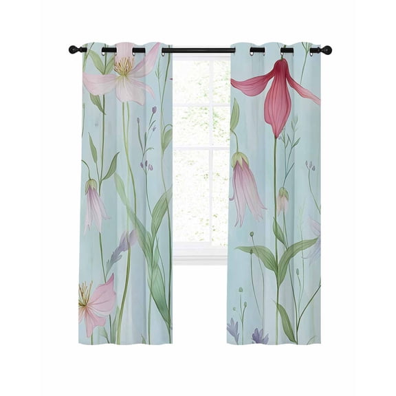 Blue Pink Green Floral Blackout Curtains 45 Inches Long for Bedroom, Seasonal Botanical Blooms Thermal Insulated Room Darkening Black Out Window Curtain Panels Grommet Drapes for Living Room