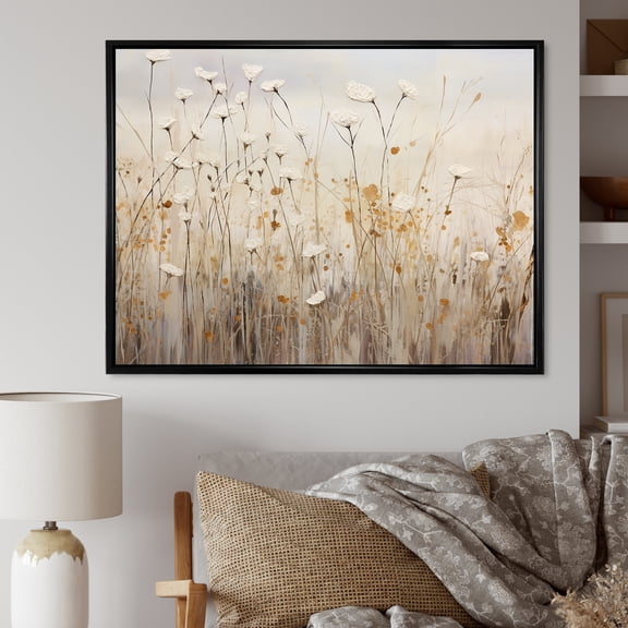 Designart "Fantasia Of Beige Wildflowers" Wildflowers Floater Framed Wall Art Living Room