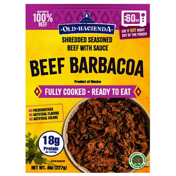 Old Hacienda Beef Barbacoa, Shelf-Stable Heat and Eat 8oz. (227g) Pouch in Authentic Mexican Flavors