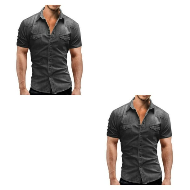 Camisa de mezclilla de hombre Minnieouse Slim Jeans de manga corta Gris claro 3XL