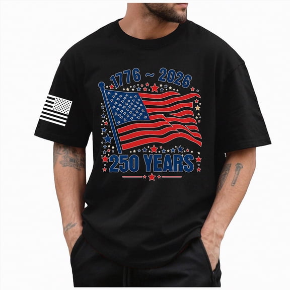 Leey-World Us 250th Anniversary Shirt 250 Anniversary USA Shirt Crewneck Pullover Tops Men's Tshirts Shirts Short Sleeve T Shirt America Crew Neck Tee(Black,M)