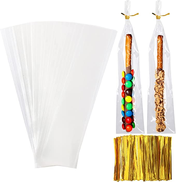 Clear Pretzel Rod Bags with Ties, 300 Pcs 2x10 Inches Individual Bags