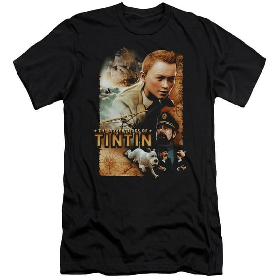 Tintin Men's  Adventure Poster Slim Fit T-shirt Black
