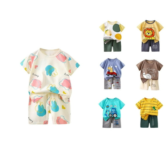 Summer Savings!Ahuyic Summer Toddler Kids Shirt and Short Pants Set Boys Girls Solid Color Round Neck 2 Piece Outfits Casual Children's Set 4 Years White