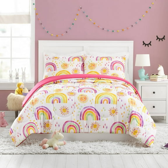 2pc Twin/Twin XL Rainbows and Suns Kids' Comforter Set: Girls Bedding, Microfiber, Pink