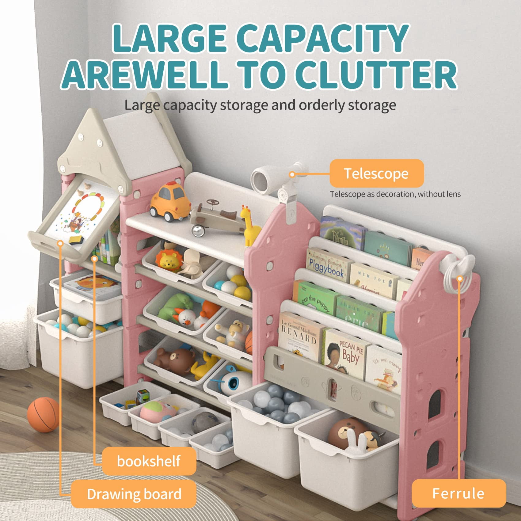 UNICOO® Kids Toy Storage Organizer and Children Bookshelf, with 14 Bins, Pull-Out Drawers Multipurpose Shelf for Toddlers to Organize Toys and Books (Magic Castle ? Pink)