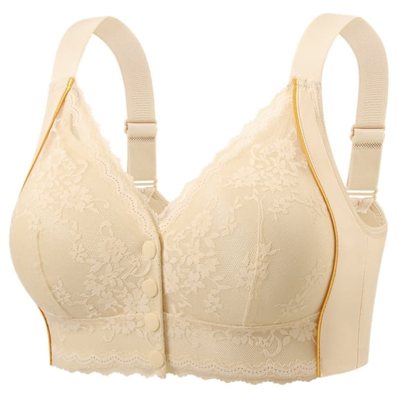 Womens Workout Bras No Underwire Lightweight Flower Lace Stitching Button Front-Close Padded Breathable Push Up Solid Color Sports Bra