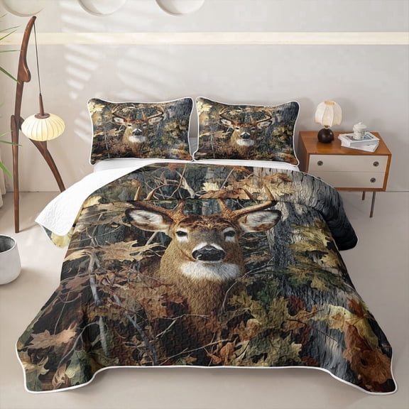 Meiyoeat Jungle Animal Deer Print Bed Spread Queen,Autumn Oak Leaves Pattern Queen Coverlet Set,Brown Green