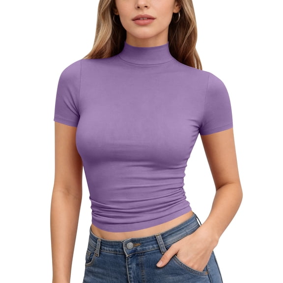 Women's Mock Neck Short Sleeve Tops, Slim Fit Solid Color T-Shirt, Soft Stretchy Baselayer, Summer Office Tee Purple 2XL
