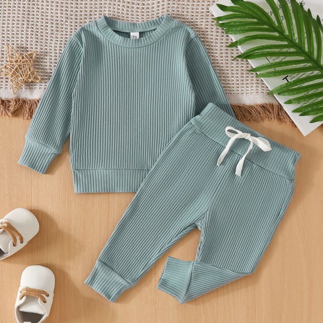 Fgnfyis Toddler Girls Boys Winter Long Sleeve Ribbed Solid Color Tops Pants 2PCS Outfits Clothes Set 70 Blue