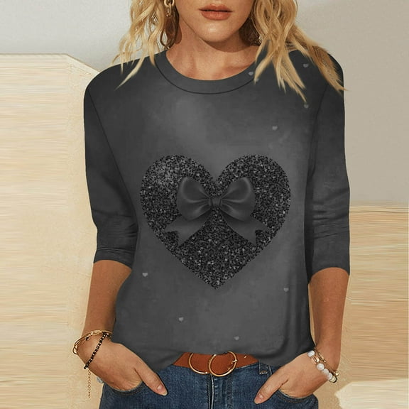 Elvqul Black Tops for Women Love Print 3/4 Sleeve T-Shirts Soft Crew Neck Young Adult Blouses Tops