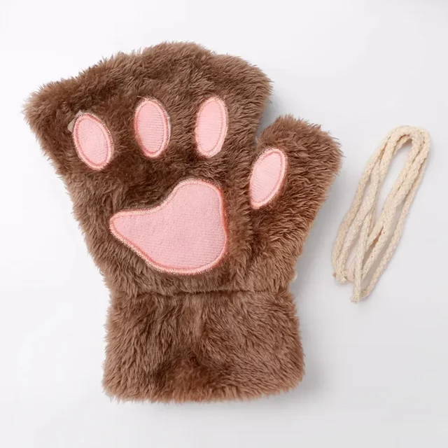 Guantes de gato Kawaii para mujer, mitones de felpa de pata de garra de gato, cálidos, suaves, sin dedos, gruesos, Invierno