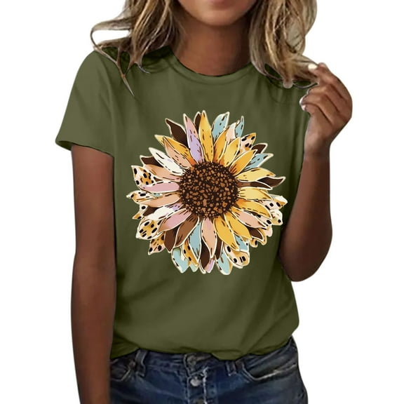 Summer Tops for Women Fashionable Sunflower Printed Round Neck Short Sleeved Sports Casual T Shirt Dressy Blouses for Women Blouses Long Sleeve Dress T Shirt 4x Airy Shirts Pretty Army Green