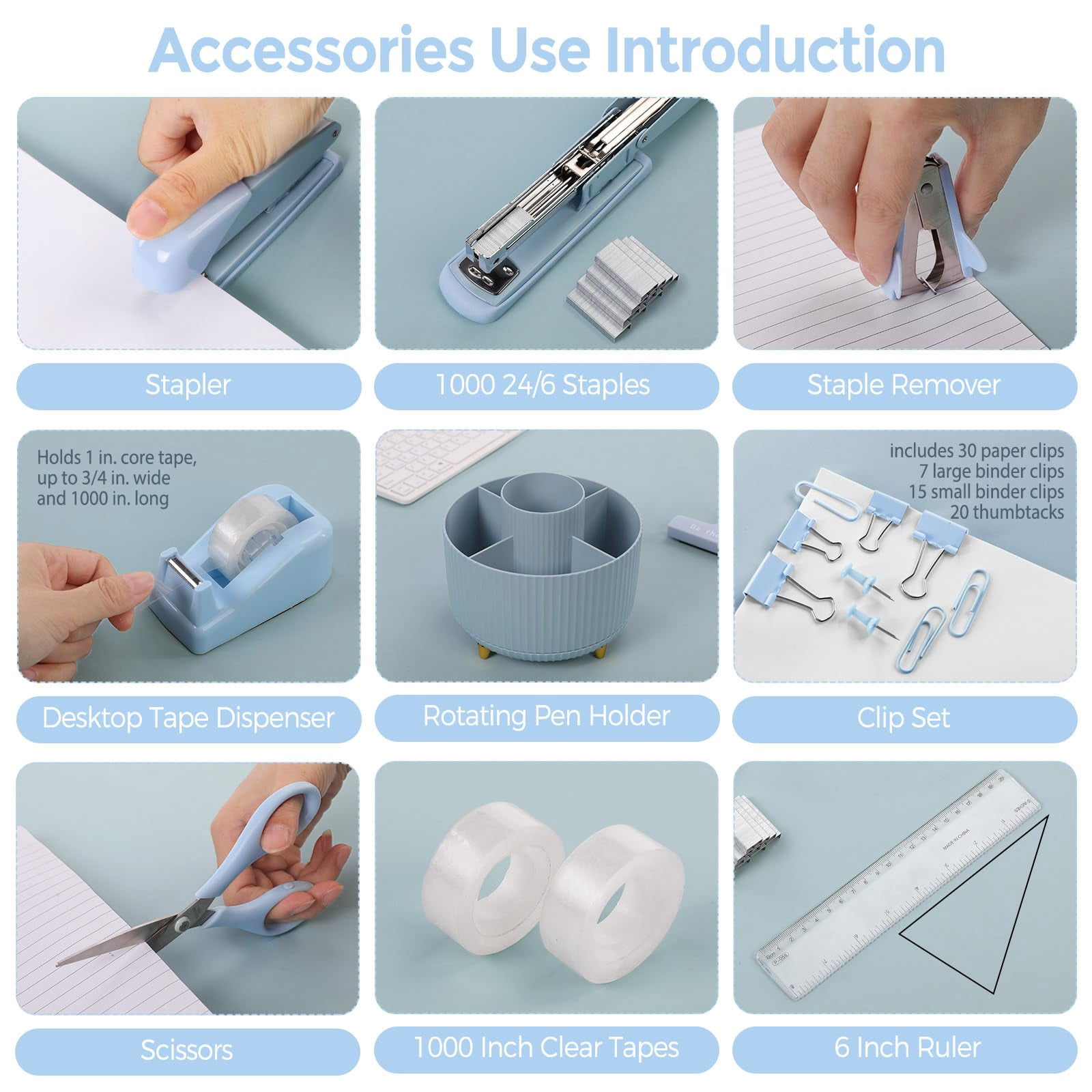 Desk Organizers And Accessories 10pcs  360-degree Rotating Pen Holder Stapler Staple Remover Tape Dispenser 2pcs Refills Binder Paper Clips Kit Scissor (blue)