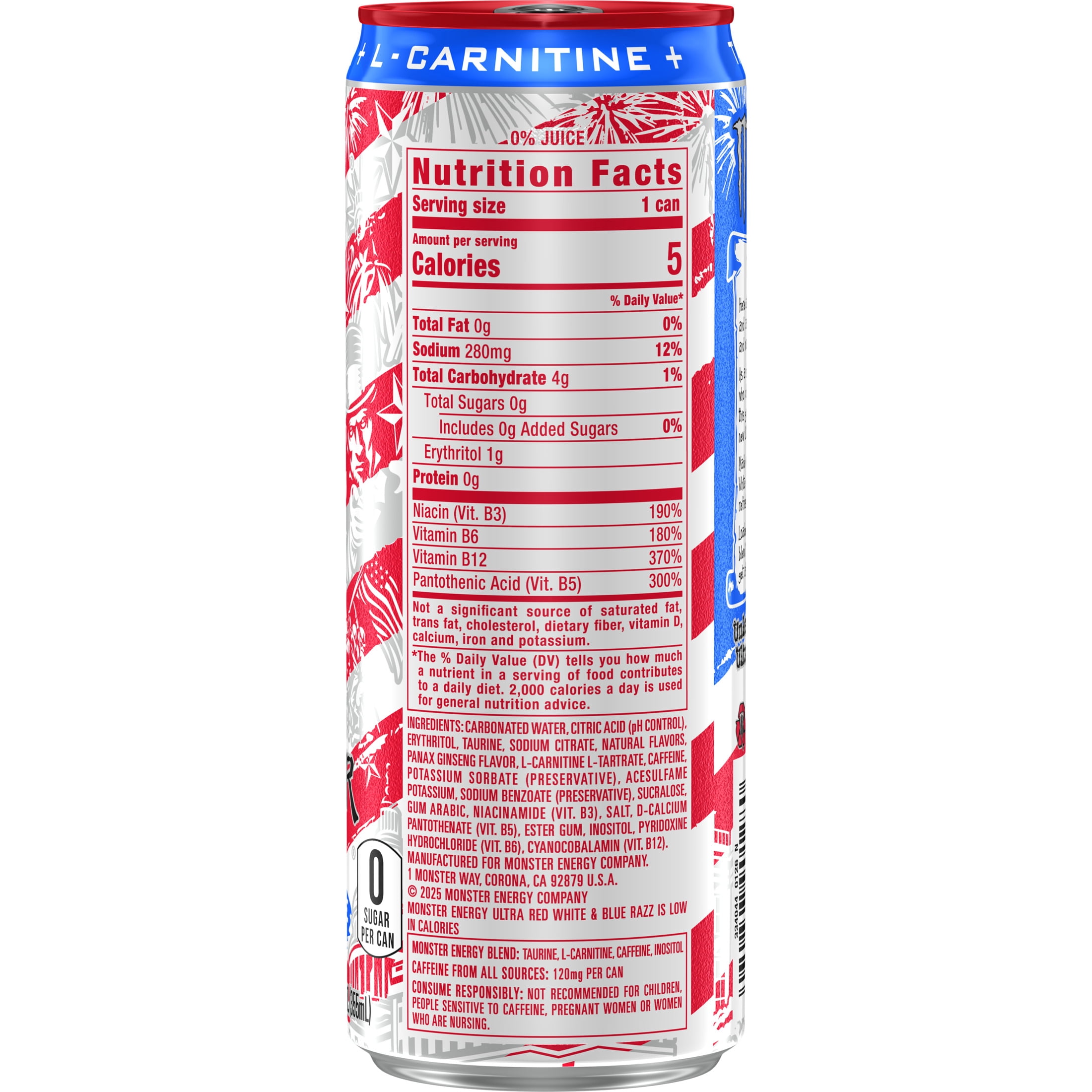 Monster Energy Ultra, Red White & Blue Razz, Sugar Free Energy Drink, 12 Fl Oz