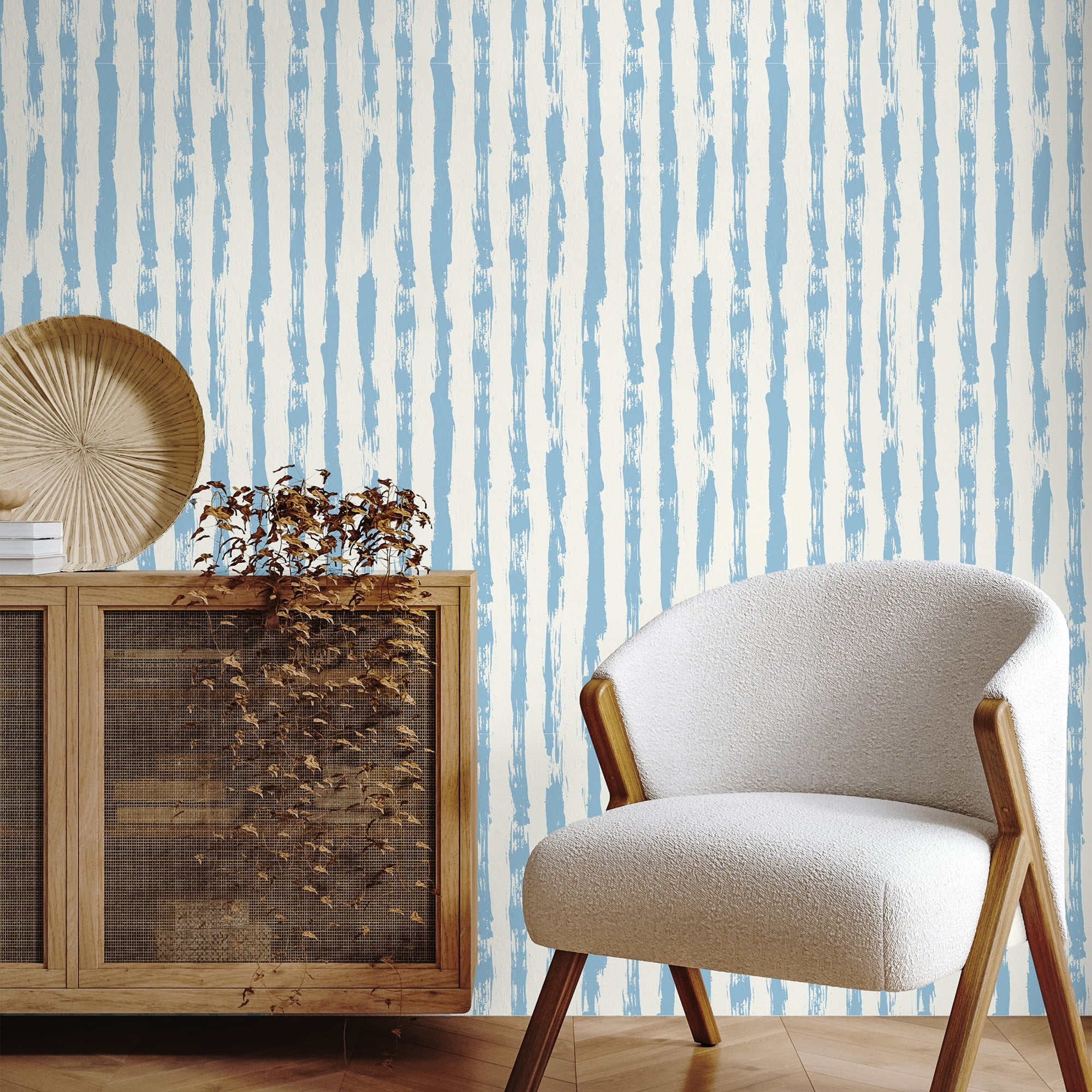 SimurgWallArts - Soft Blue Striped Peel and Stick Vinyl Wallpaper, Hand-Painted Style Nursery Mural, 19x118 in, 15,57 Sq. ft.
